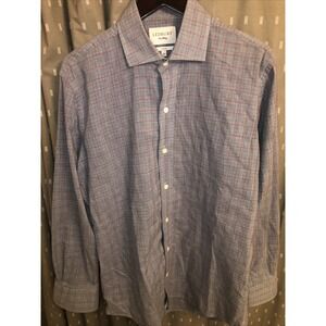 Ledbury Mens Slim Fit Blue&Red Plaid Cotton Long Sleeve Dress Shirt Button Up 16
